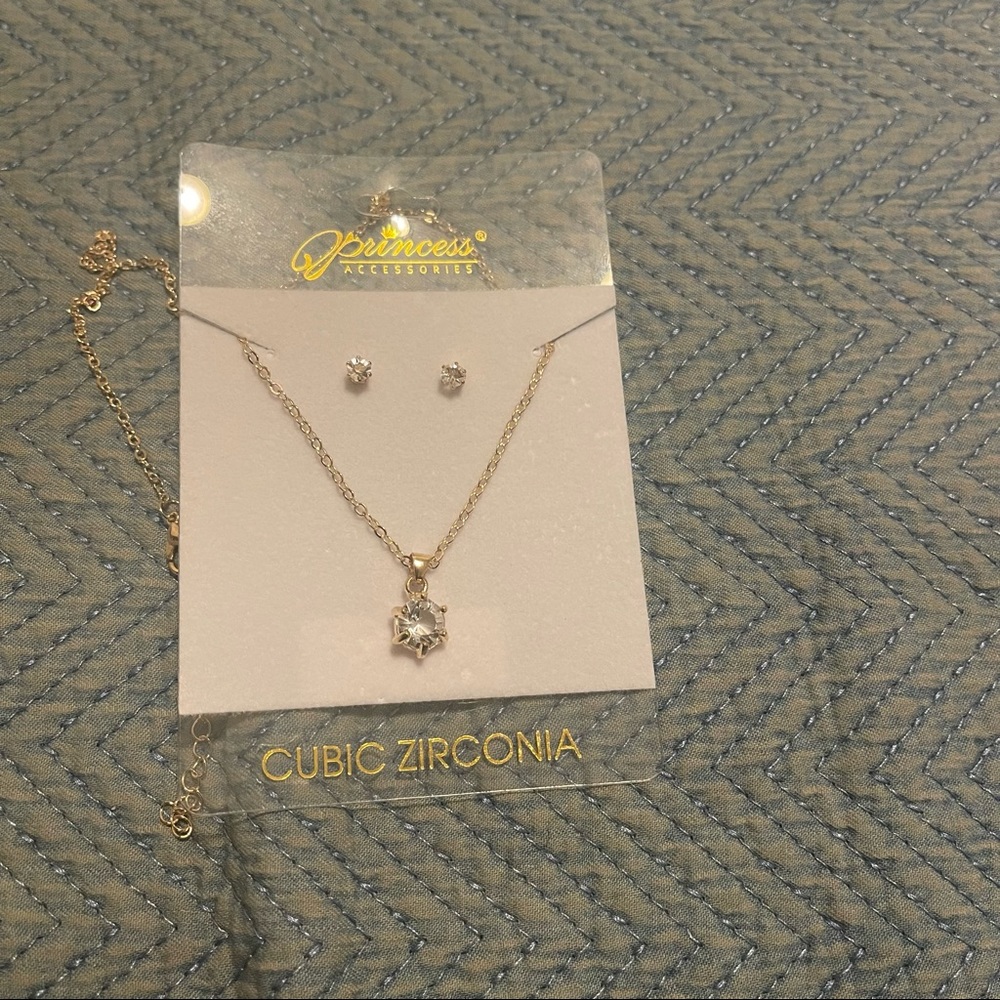 Gold Tone Cubic Zirconia Necklace/Earring Set